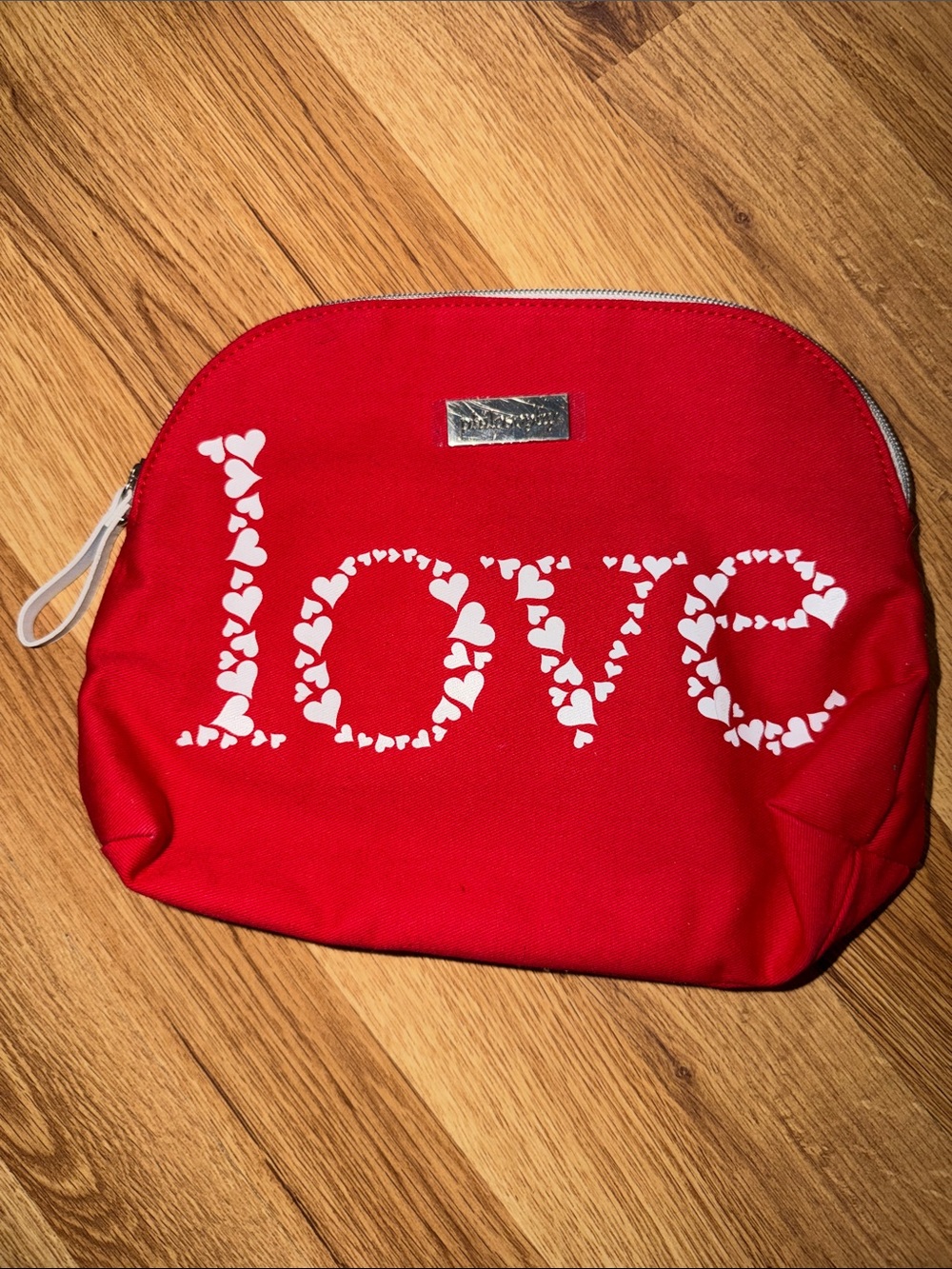 Philosophy Red 'Love' Cosmetic Pouch with White Heart Print
